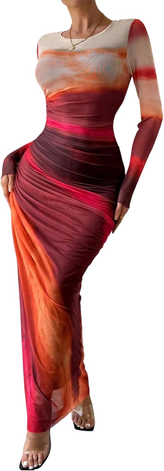 Trendy Long Sleeve Maxi Dress for Women - Bodycon Ruched Style
