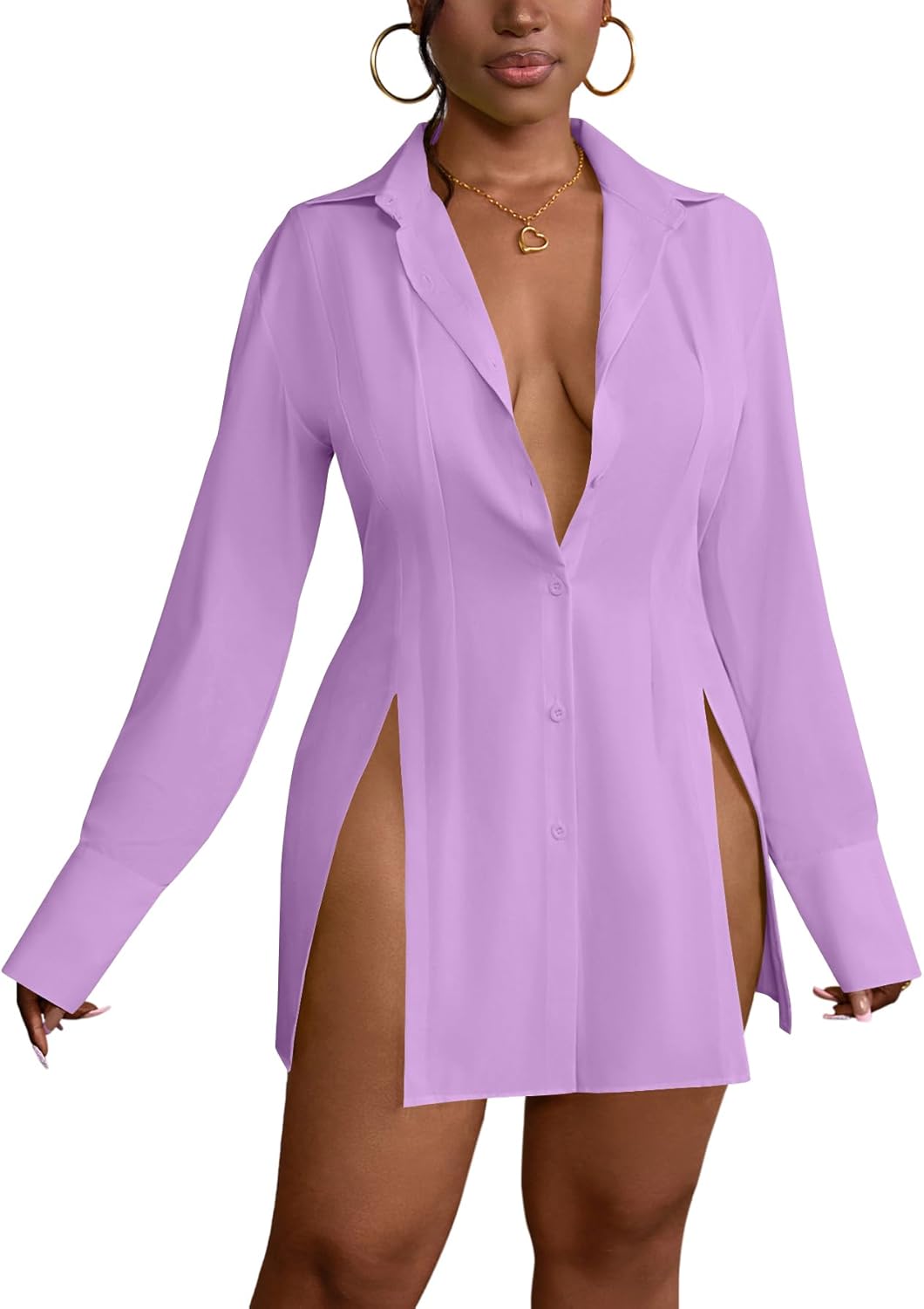 LYANER Women's Sexy V Neck Long Sleeve Button Down Shirt Dress