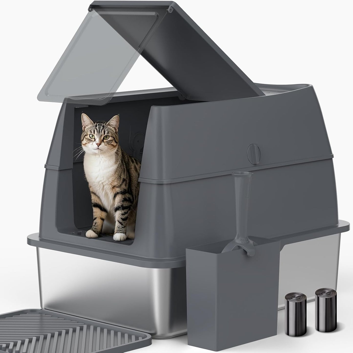 Enclosed Stainless Steel Cat Litter Box with Lid for Big Cats