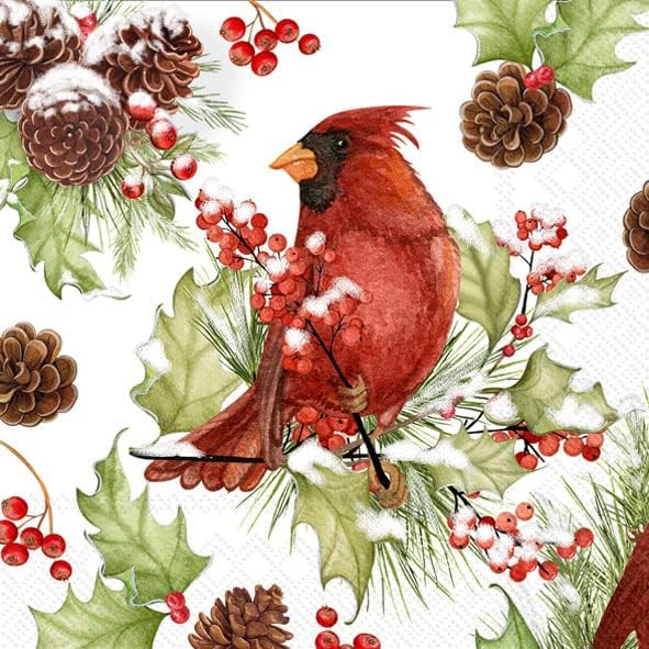 IHR Cardinal In Holly Cocktail Napkins 3-Ply, 20-Pack