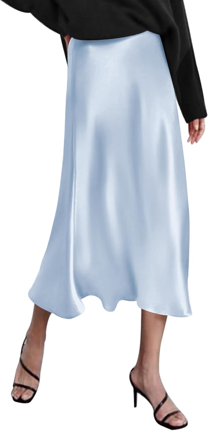 Elegant High Waist Satin Midi Skirt for Women by Zeagoo