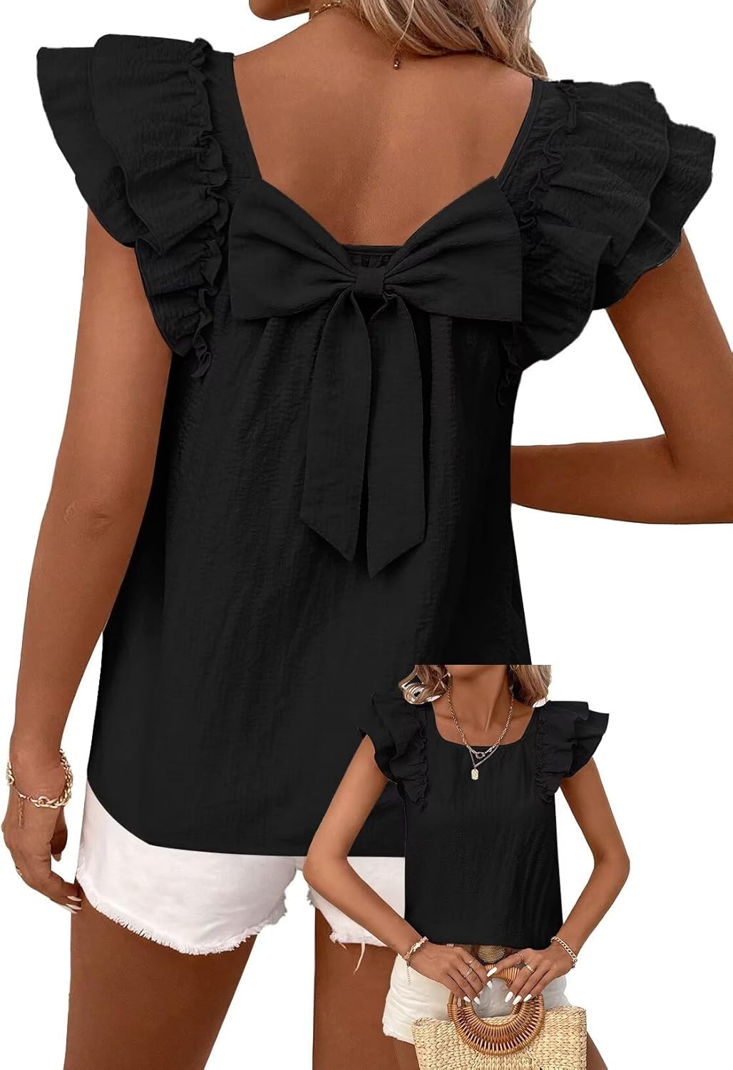 Womens Bow Tie Back Tops with Ruffle Short Sleeves for Summer