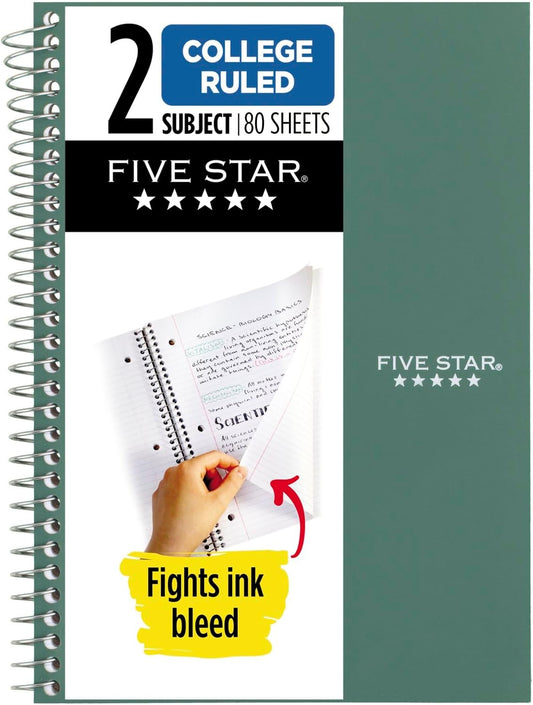 Five Star 2 Subject Spiral Notebook, College Ruled, Seaglass Green - 80 Sheets