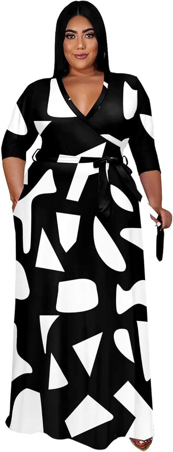Plus Size Maxi Dress for Women - Elegant 3/4 Sleeve V Neck Style