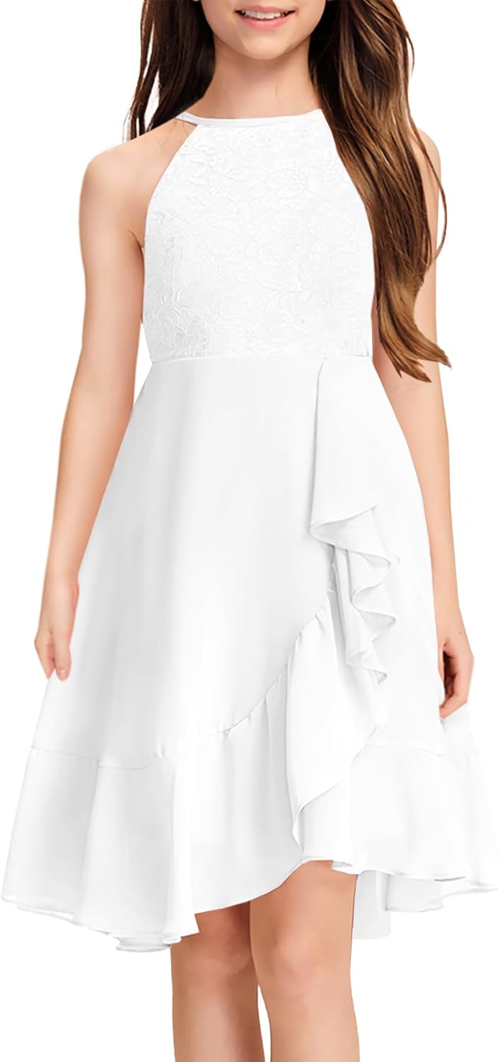 Girls Lace Flower Ruffle Dress for Junior Bridesmaids and Parties