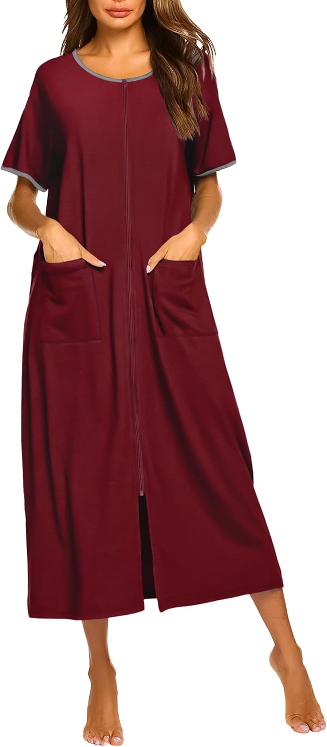 Ekouaer Women Robes Zipper Front Short Sleeve Full Length Housecoat