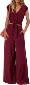 Women's Two Piece Summer Outfit 2025 - V Neck Crop Top Set