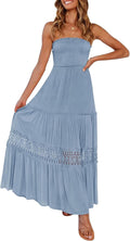 ZESICA Summer Bohemian Strapless Lace Trim Backless Maxi Dress