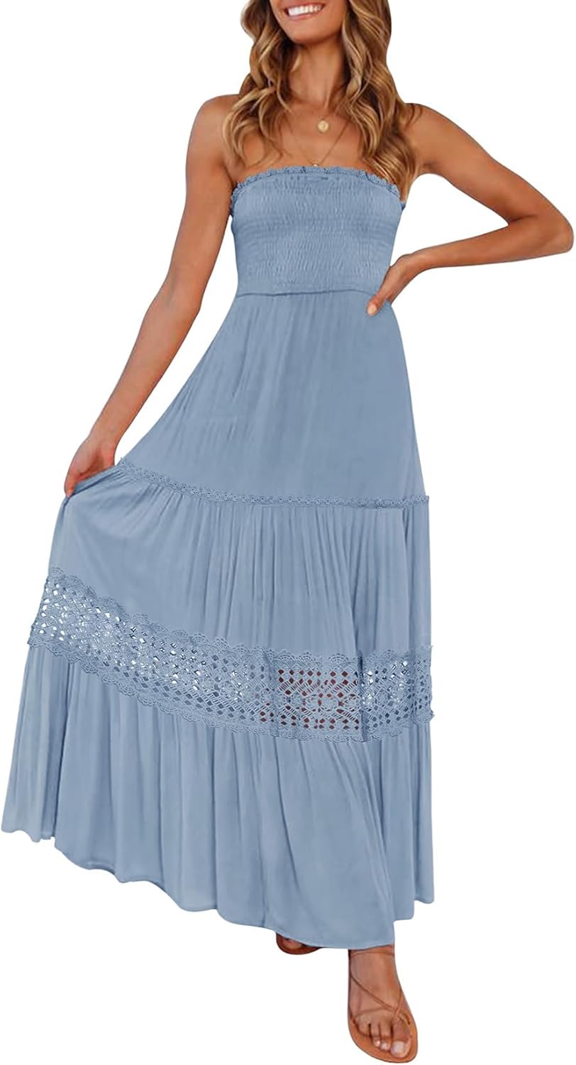 ZESICA Women's Summer Bohemian Strapless Maxi Dress for Elegance