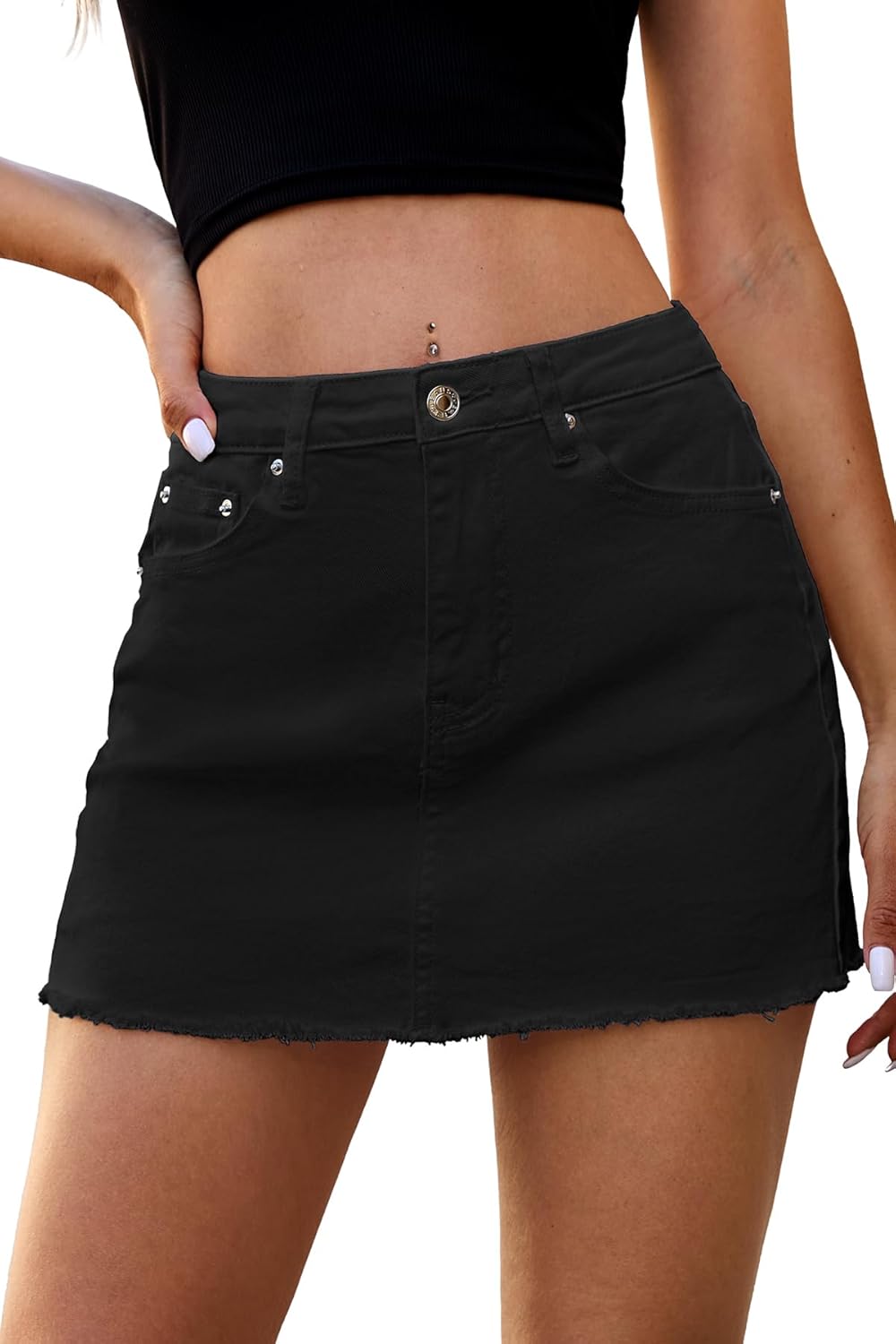 ELLEVEN Denim Skirt Women Mini Low Waist Stretchy Raw Hem Style