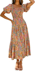 Boho Floral Square Neck Ruffle Maxi Dress - Flowy Summer Style ZESICA