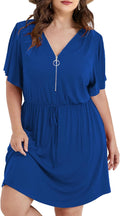 Womens Plus Size Dress Zipper V Neck Solid Flutter Sleeve Tie Waist