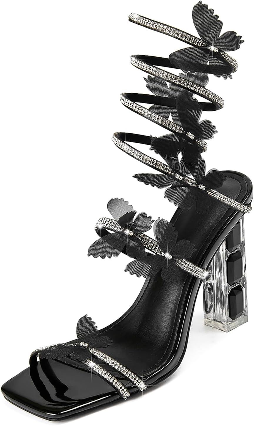 Womens Lace Up Sandals with Rhinestone Strappy High Heels