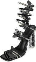 Womens Lace Up Rhinestone Block Heel Sandals - Sparkly Party Look