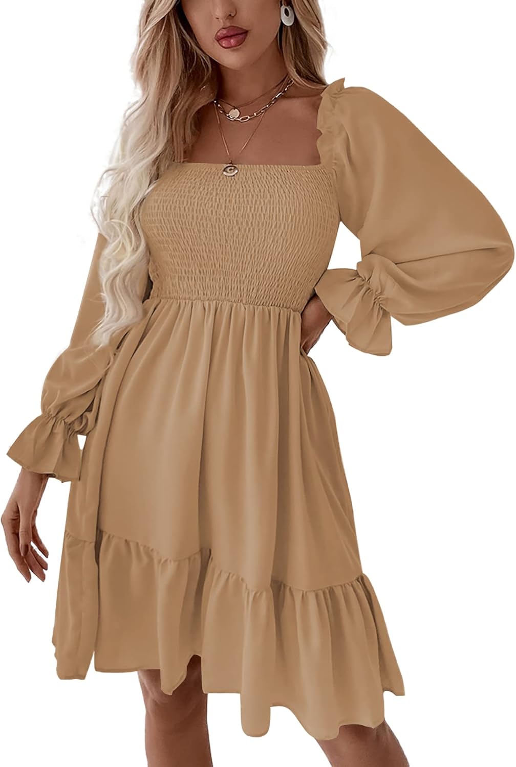 LYANER Women's Square Neck Lantern Long Sleeve Mini Dress