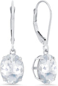 14K White Gold Oval Gemstone Dangle Leverback Earrings - Classic Drop