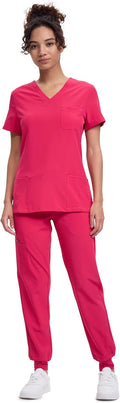 Women's V-Neck Scrubs Top & Cargo Pants Set - 10 Pockets, 4-Way slits