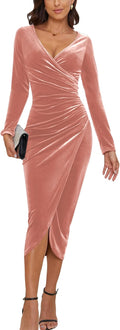 CYiNu Women's Long Sleeve Velvet V Neck Bodycon Dress for Elegance