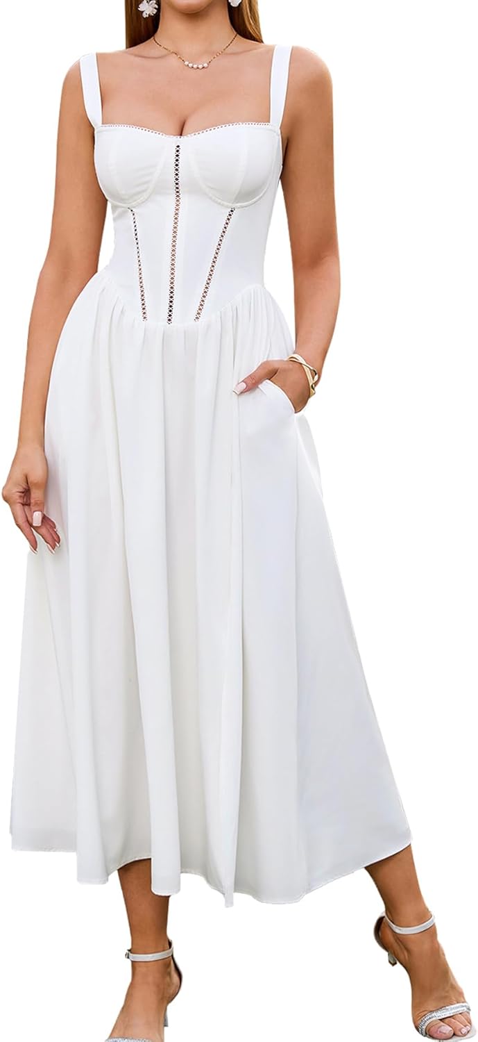 Floral Corset Midi Dress with Pockets for Summer Weddings