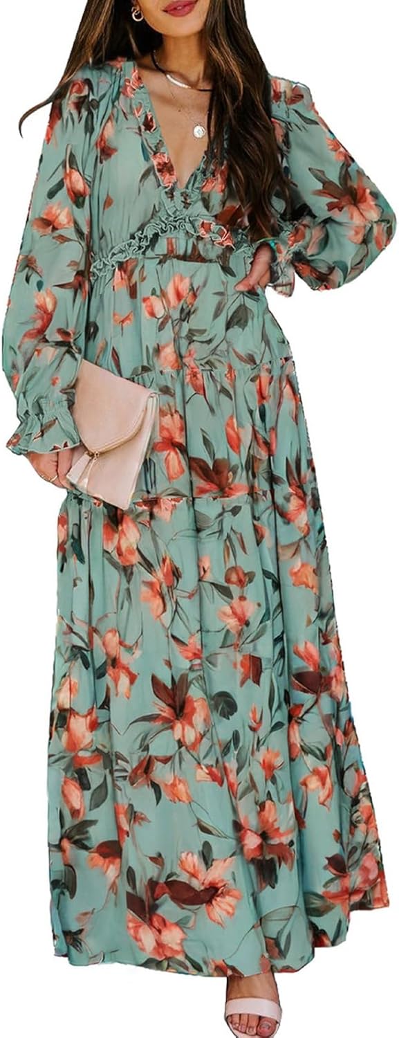 BLENCOT Womens Casual Boho Deep V Neck Short Sleeve Dress
