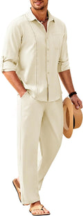 COOFANDY Mens Linen Sets 2 Piece Cuban Shirt and Pants Set Clothing