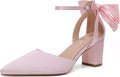 RIBONGZ Wedding Bridal Chunky Block Heel Pumps - Elegant Bow Comfort