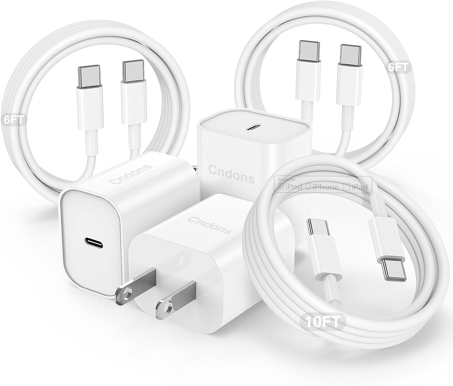 Ultimate Fast Charging Bundle for iPhone 16/15 - 3x 6ft+10ft Cables & 20W Block by Cndons