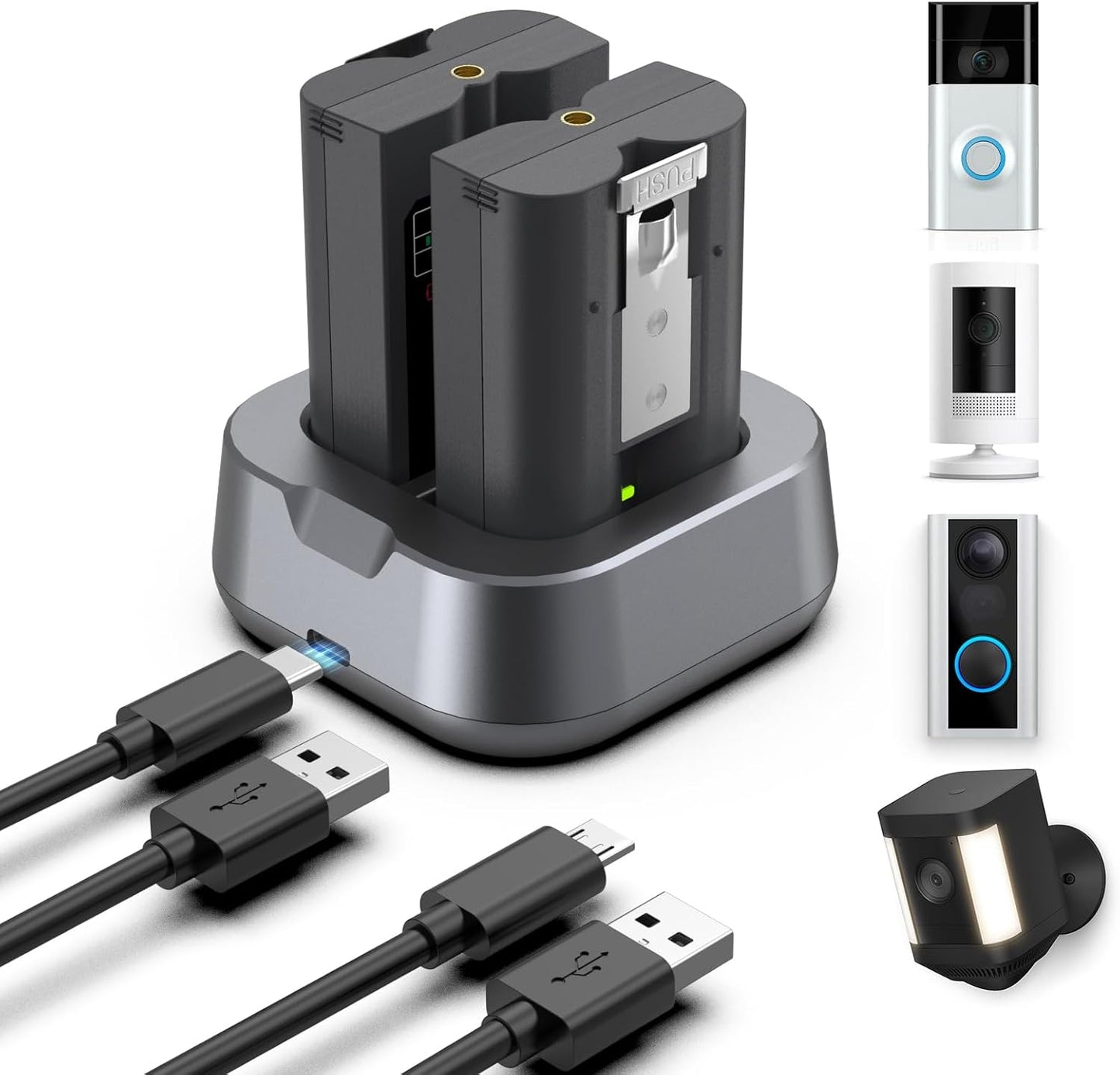 High-Capacity Ring Battery 2-Pack w/ Charger | 7200mAh Replacement for Ring-Doorbell & Cameras