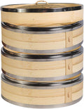 3 Tier Bamboo Steamer for Healthy Cooking with Stainless Steel Bands