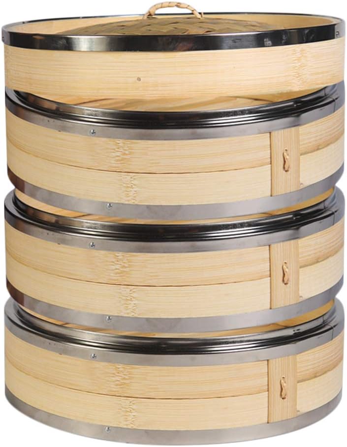 3 Tier Bamboo Steamer for Healthy Cooking with Stainless Steel Bands