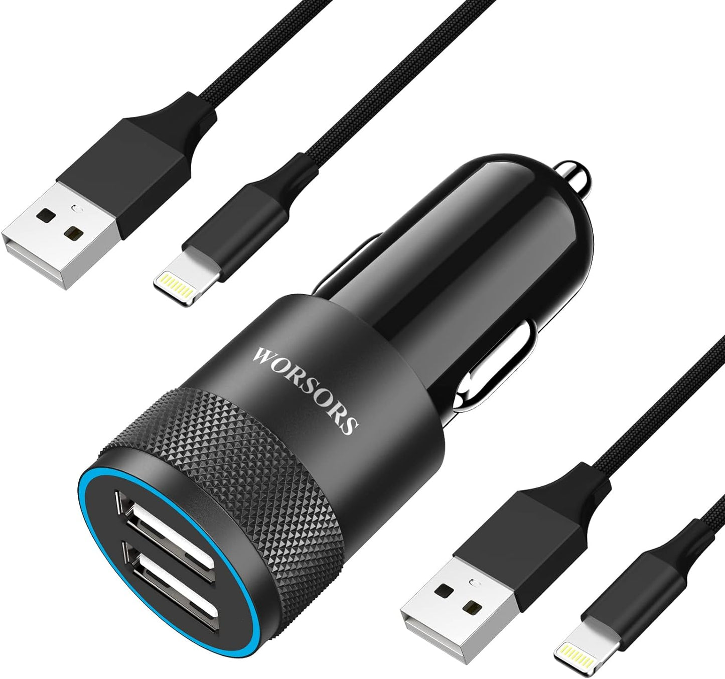 Fast Dual USB Car Charger with 2 Lightning Cables - Apple MFi Certified
