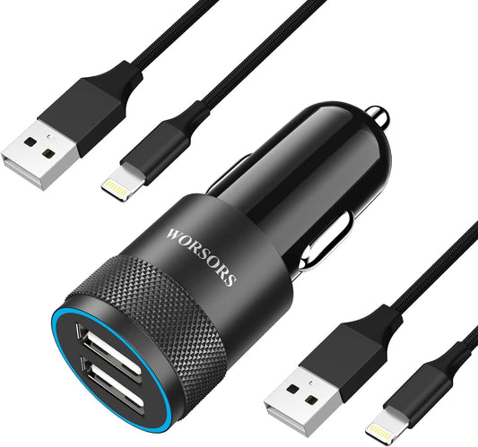 Fast Dual USB Car Charger with 2 Lightning Cables - Apple MFi Certified