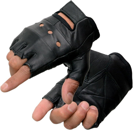 Men's Black Leather Fingerless Motorcycle Gloves