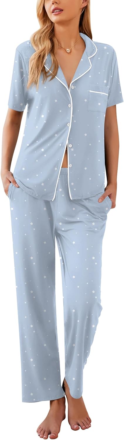 Ekouaer Womens Pajamas Set Soft Button Down Sleepwear PJs