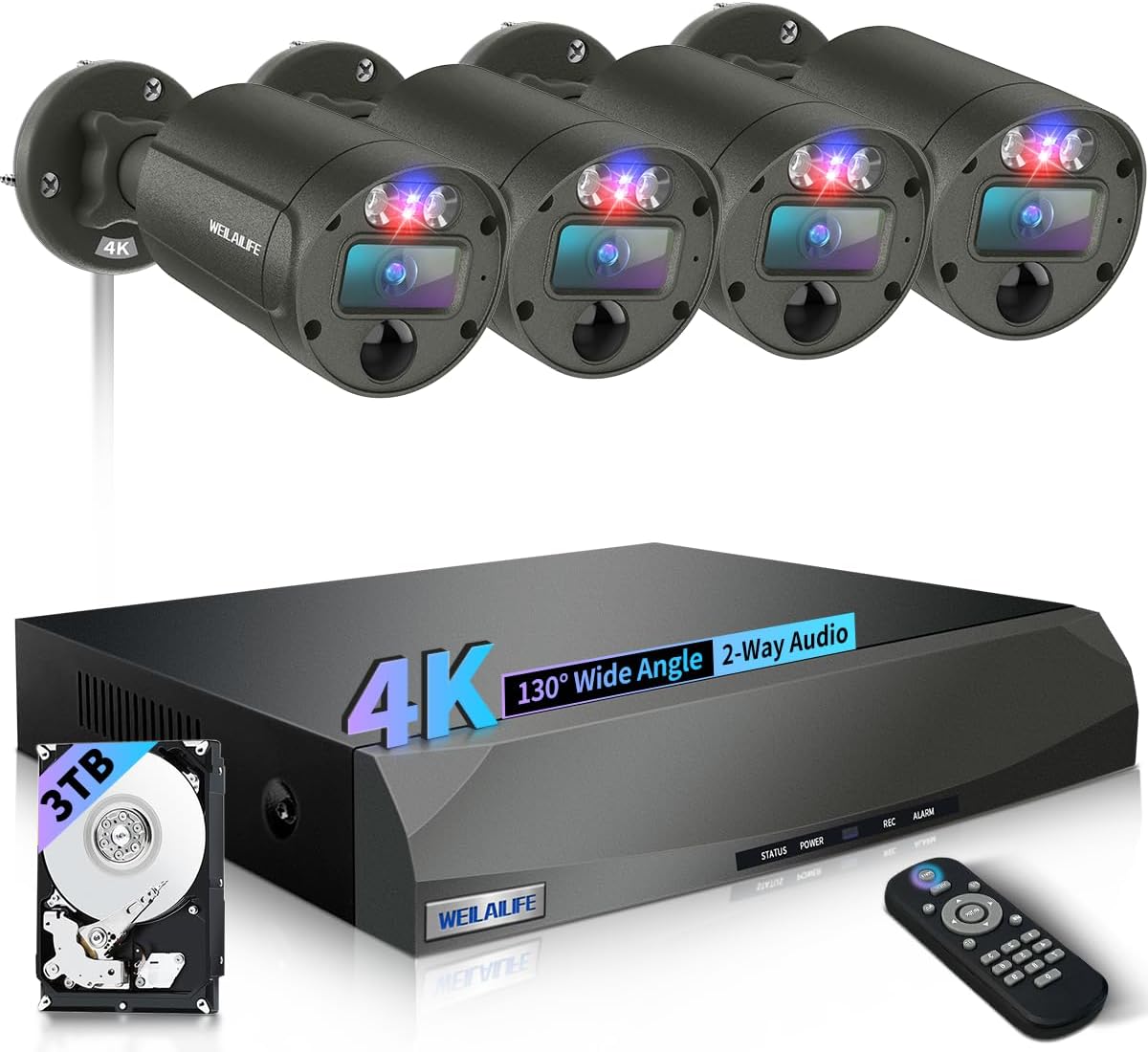 130 Wide Angle Wired Security Camera System with 90 Days Storage