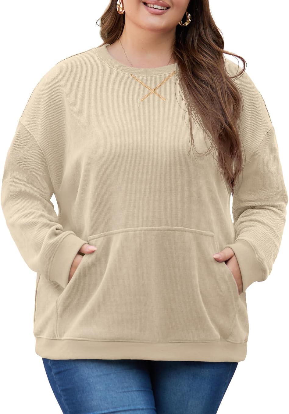 OLRIK Women Plus Size Oversized Corduroy Sweatshirt with Pocket
