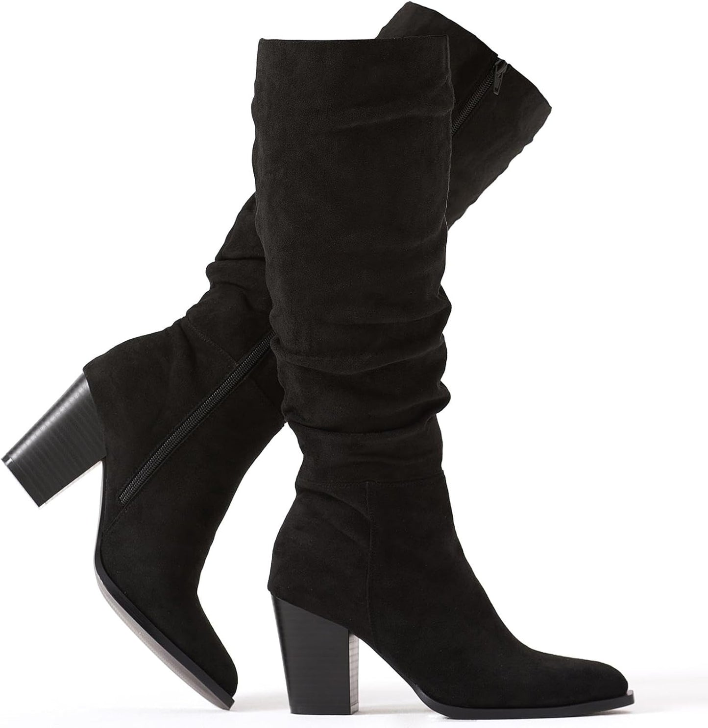 Putu Women's Pointed Toe Knee High Boots with Chunky Heel