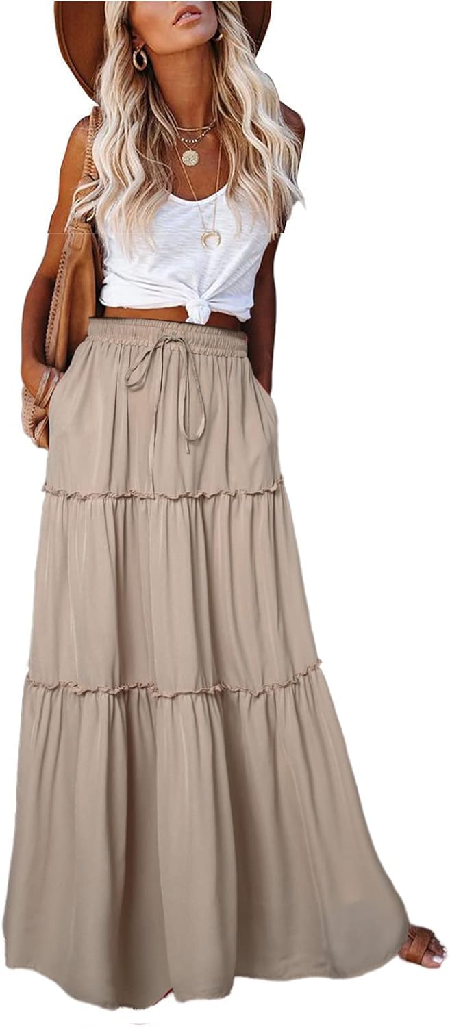EARKOHA Womens Casual High Waist Tie Maxi Skirt with Pockets