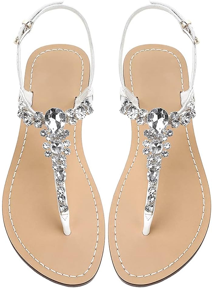 AIJIVOU Women's Rhinestone Flat Sandals for Summer Beach Style