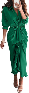 Maxi Satin Shirt Dress - Elegant Long Sleeve Belted Midi