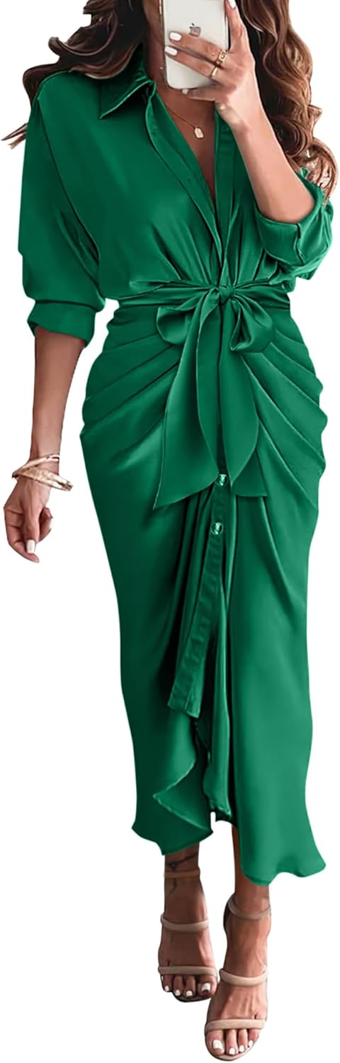 Elegant Satin Maxi Dress for Women - Long Sleeve Shirt Dress