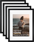 KINLINK 12x16 Picture Frame Black with Mat - Solid Wood Set of 4