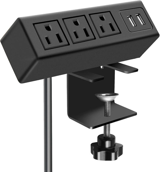 Desk Clamp Power Strip with USB Ports - 3 Outlet Surge Protector