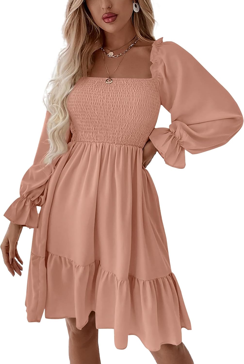 LYANER Women's Square Neck Lantern Long Sleeve Ruffle Dress