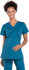 Cherokee Maternity Scrub Top for Women - 3 Pockets Mock Wrap