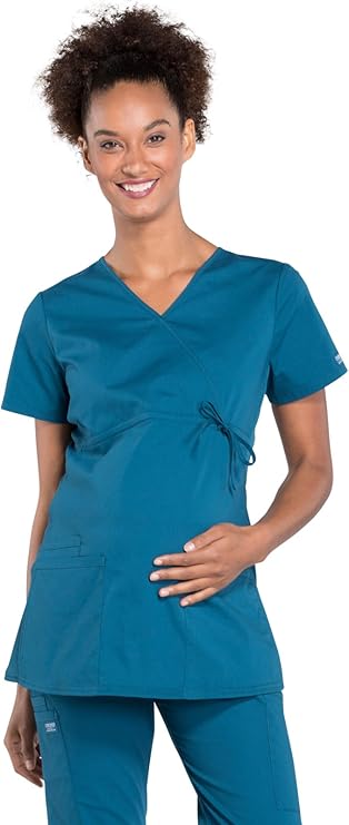 Cherokee Women's Maternity Scrub Top with 3 Pockets Mock Wrap