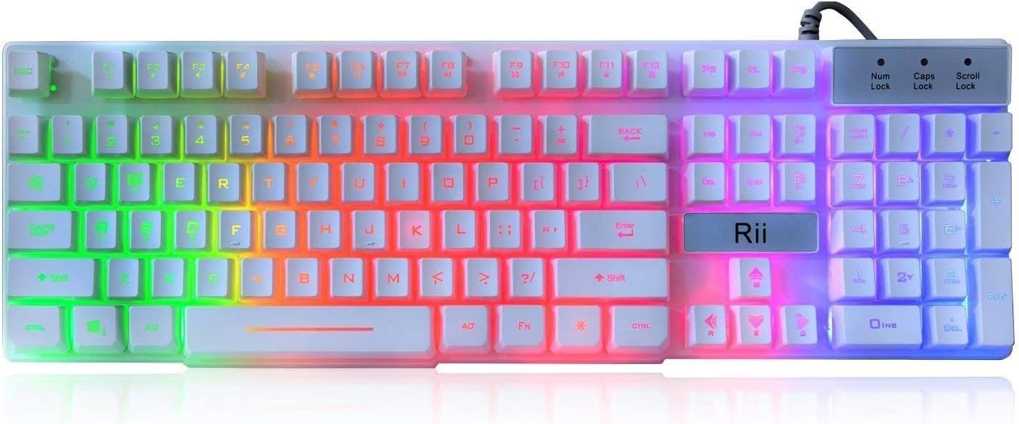 Rii RK100+ White Gaming Keyboard - Rainbow LED Backlit