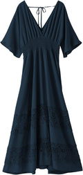 Women's Lace Maxi Dress V Neck Smocked Waist - Elegant Boho