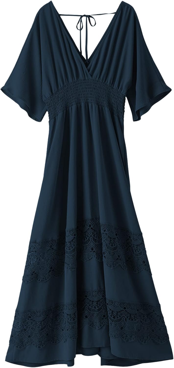 Women's Lace Maxi Dress Short Sleeve V Neck Party Dress
