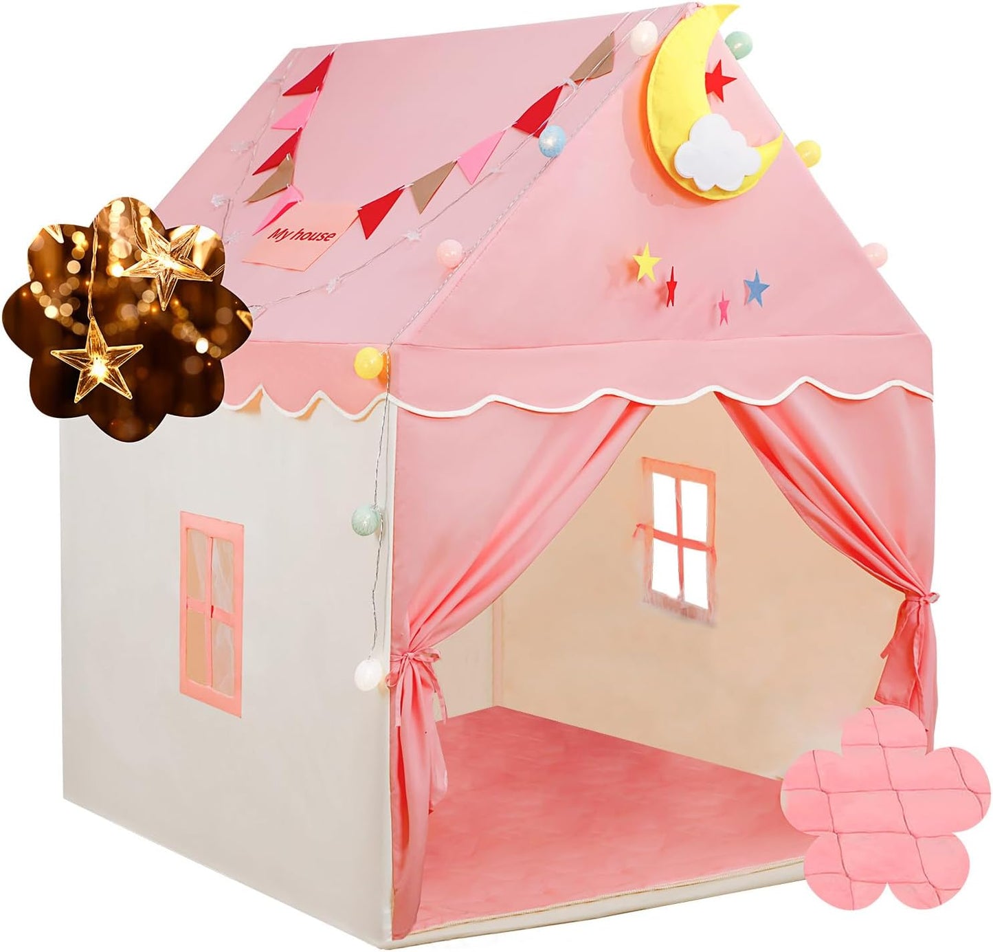 Princess Tent for Kids with Padded Mat & Star Lights - PLYFOU